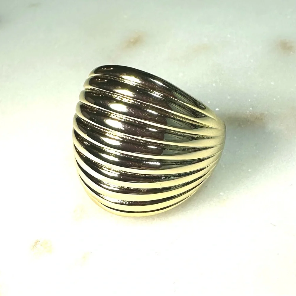 Bellezza 18k Yellow Gold over Bronze Horizontal-Ribbed Wide Band Dome Ring